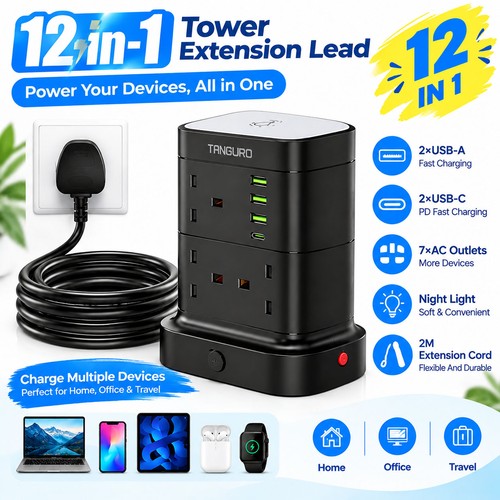 Black tower extension lead - black,
